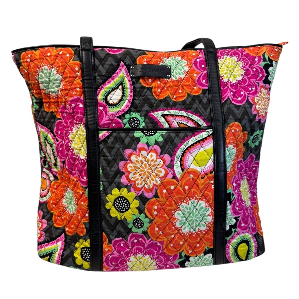 Vera Bradley Floral Quilted Tote Bag Black Trim Vibrant Flowers